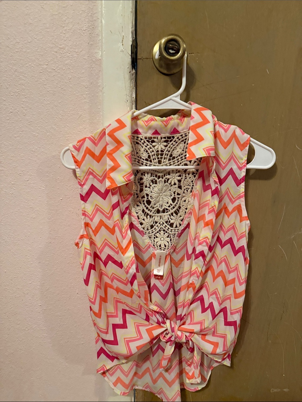 No Boundaries Pink and Orange Chevron Tie-Front Camisole with Crochet Back